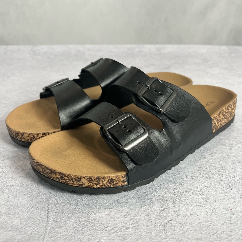Top Moda black and tan sandals with straps that adjust